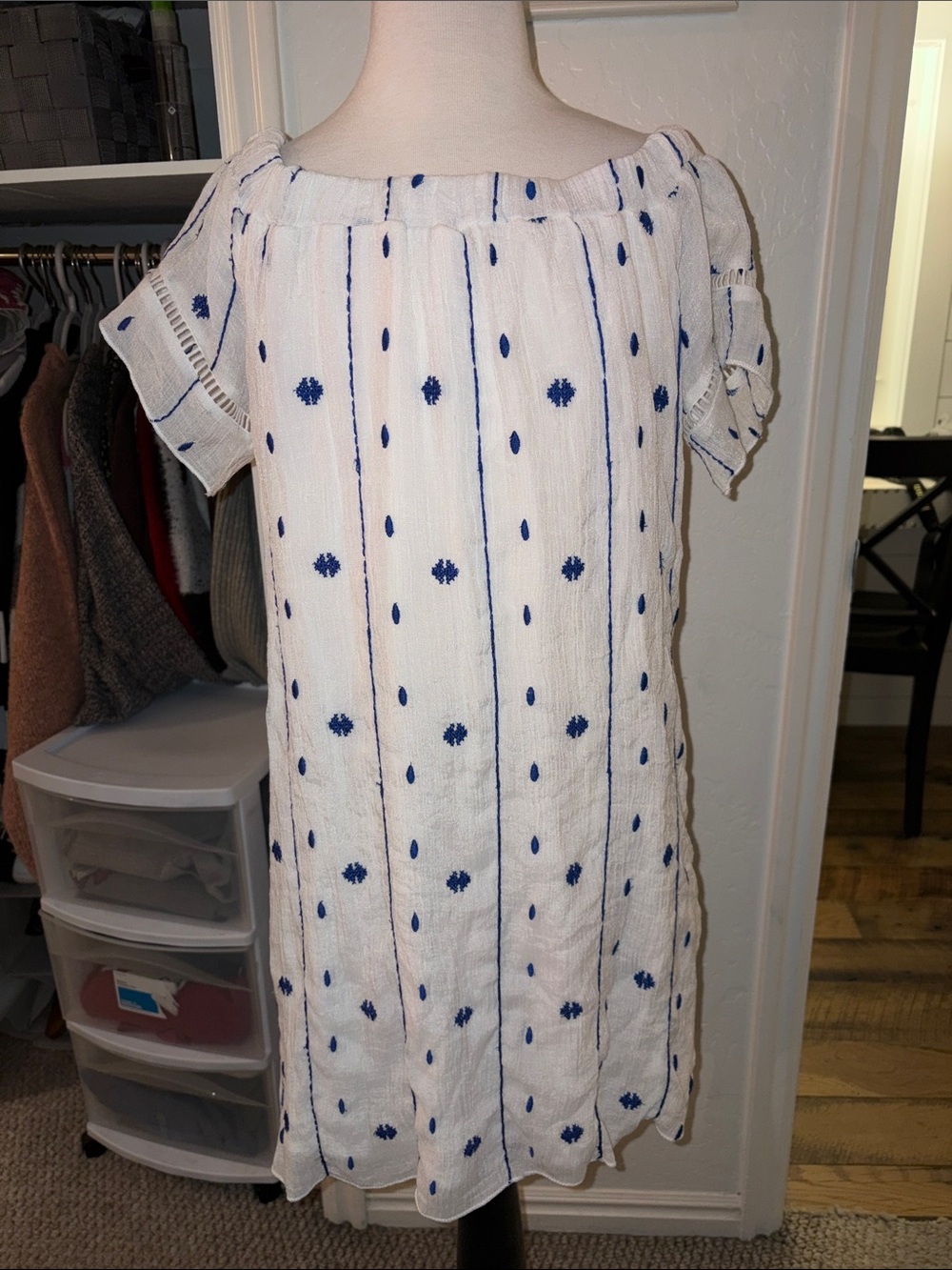 Off-Shoulder White Dress with Blue Embroidery
